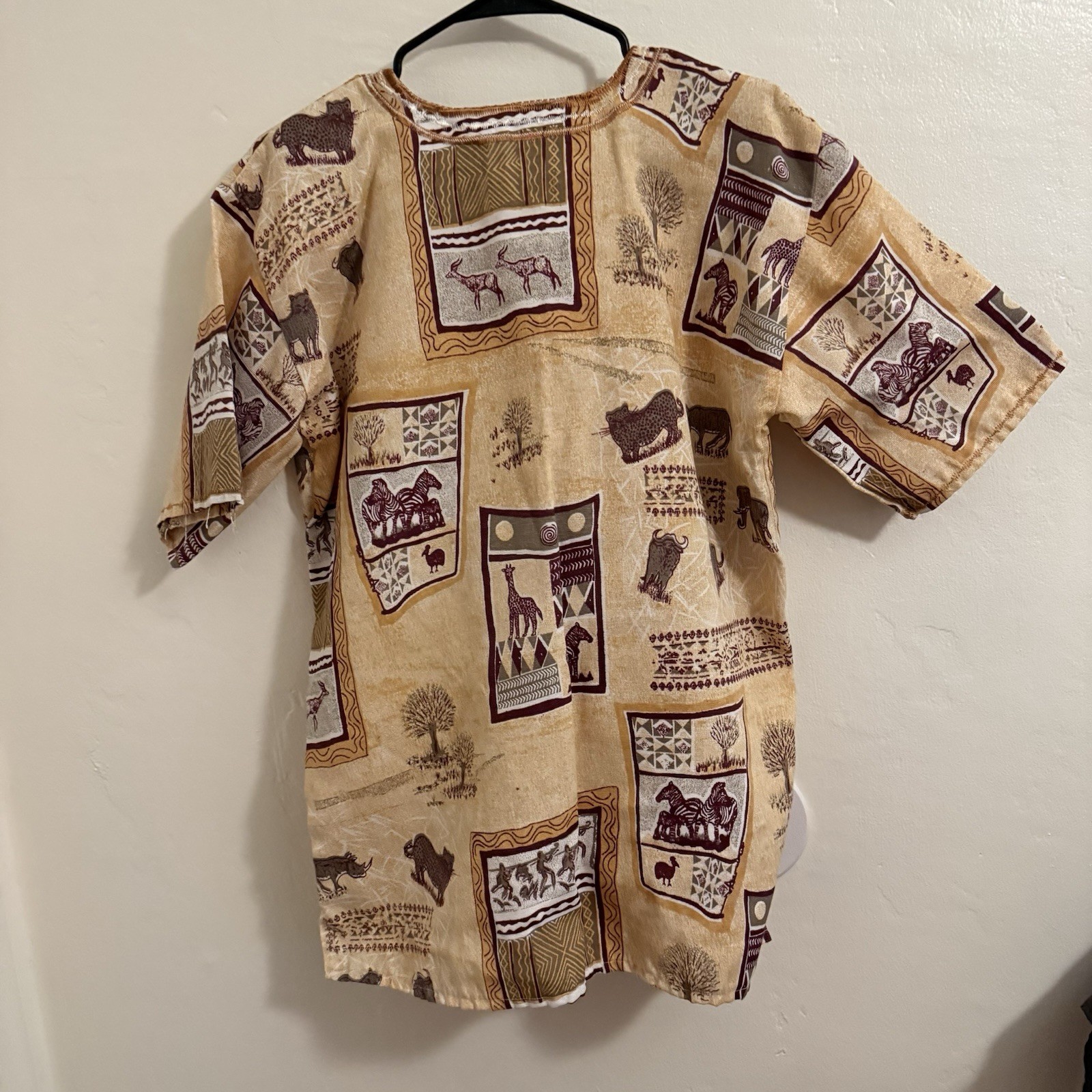 Dashiki XL Beige Cotton Blend Animal Print Shirt Unisex Adult