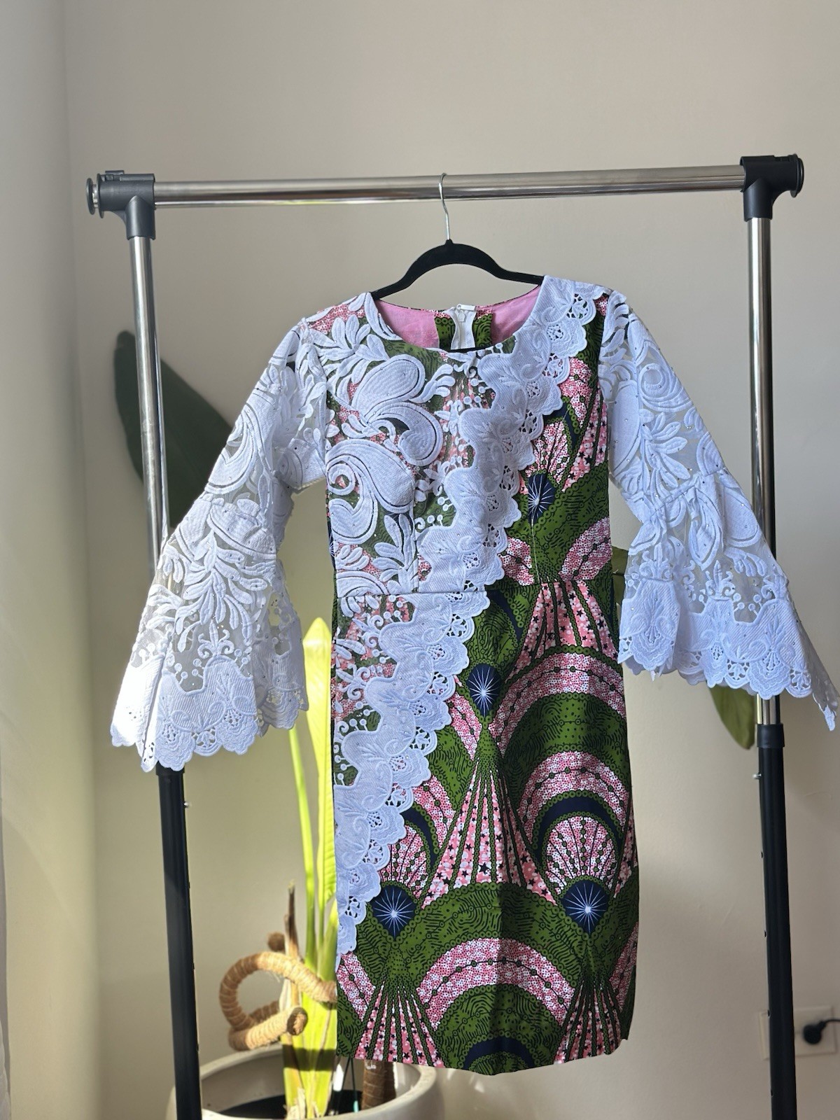 Handmade African Kaftan Dress with White Lace Sleeves Multi-Color for Women M
