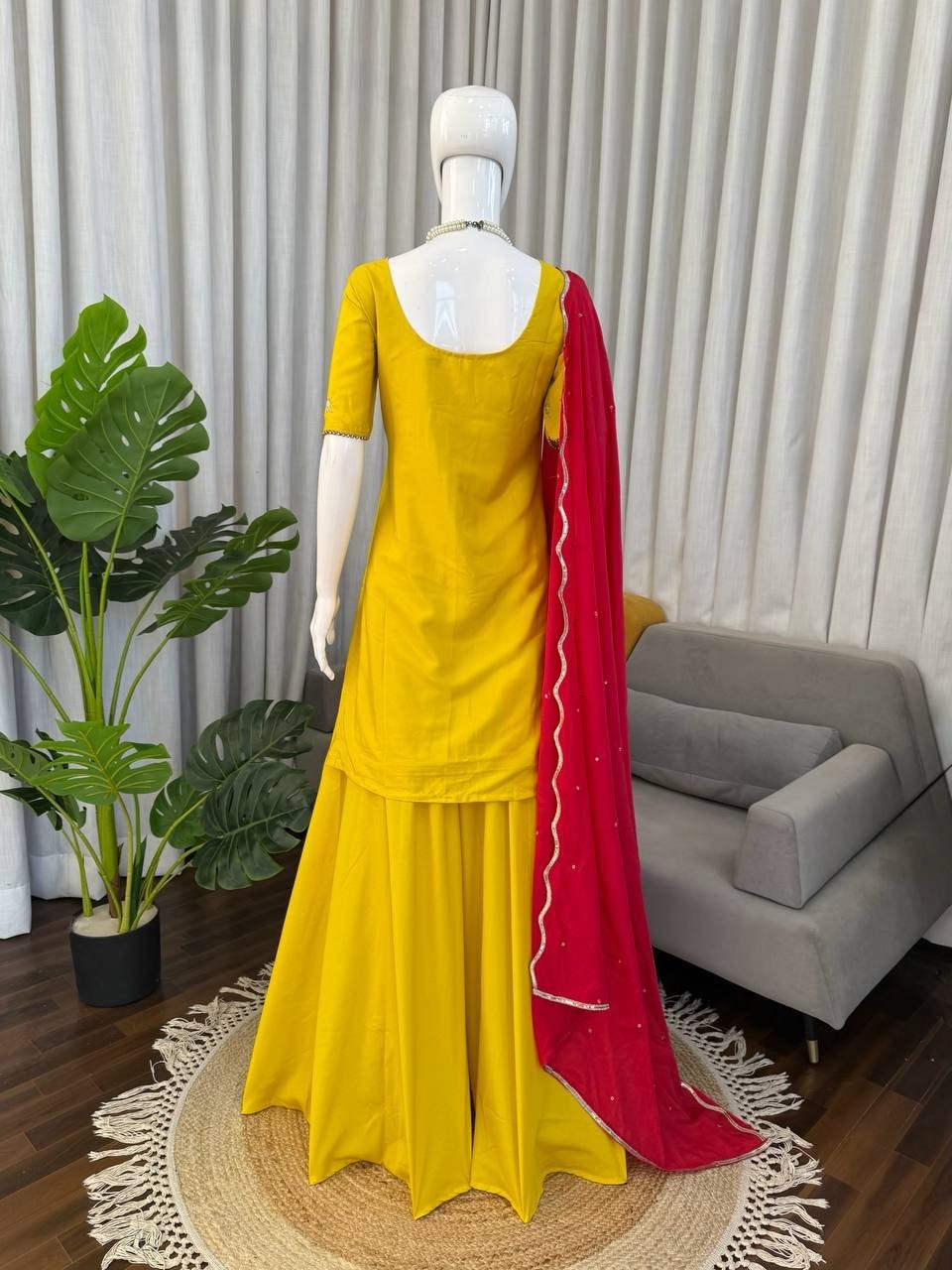 Party Wear Natural Crep Silk Yellow Top Palazzo With Dupatta For Women & Girls