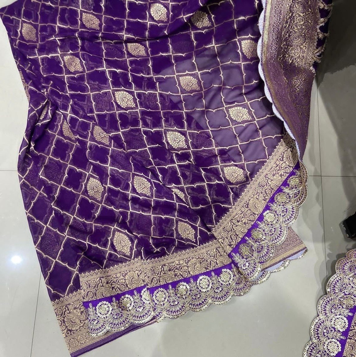 Luxury Khadi Pattu Crepe Silk Saree, All-Over Zari Design, Scalloped Lace Borde