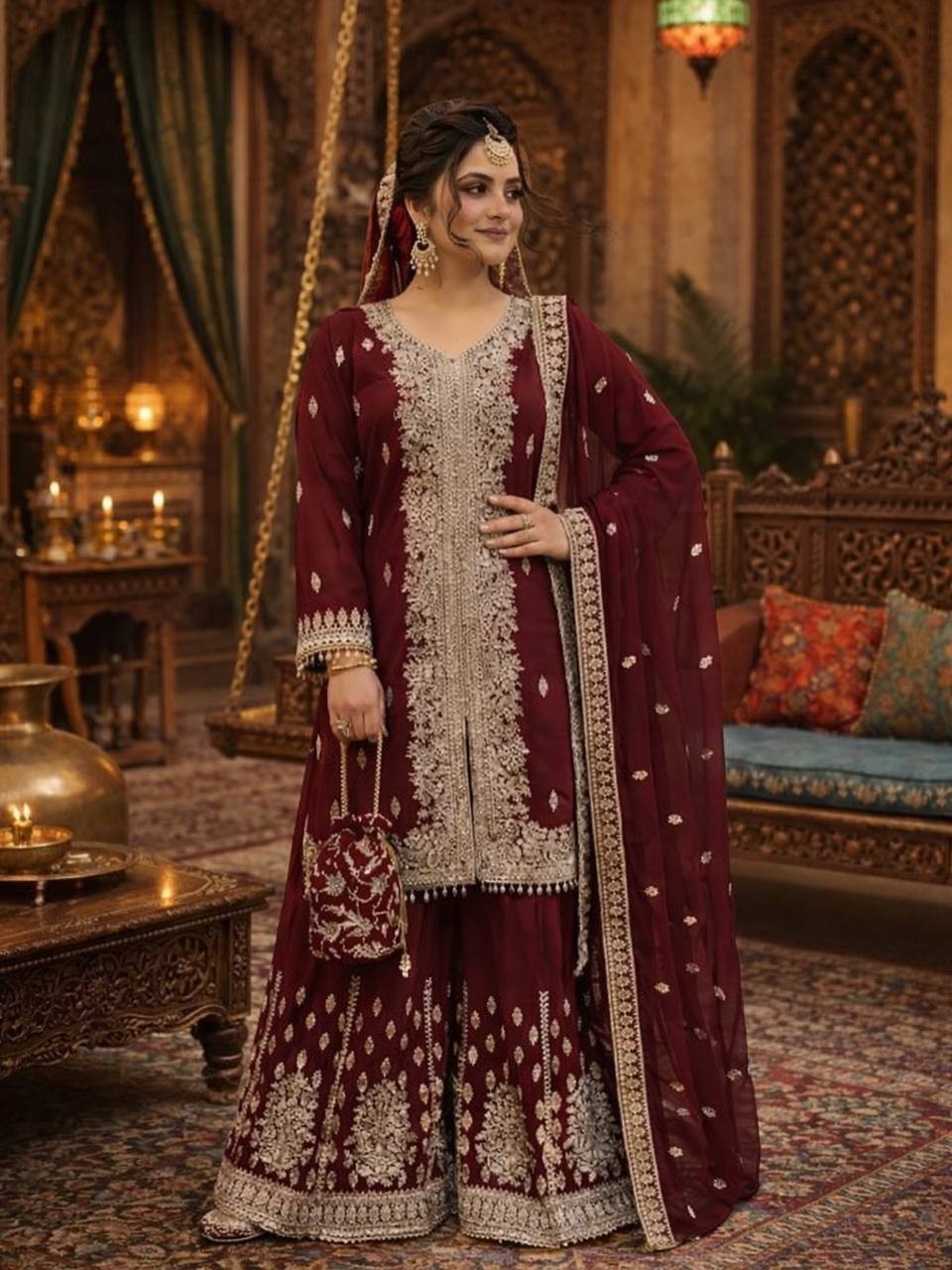 Attractive Look Faux Georgette Maroon Top Palazzo With Dupatta For Party Wear