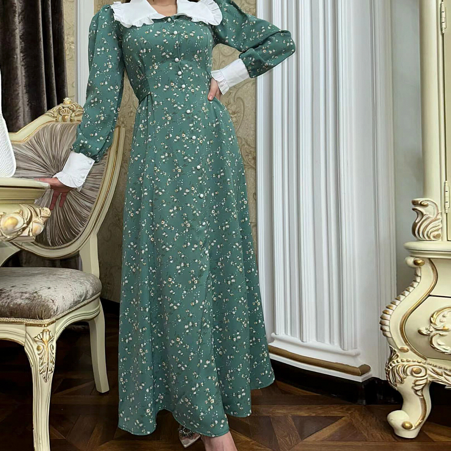 Women Green Print Dress Doll Neck High Waist Muslim Robe Ladies Dubai Party Gown