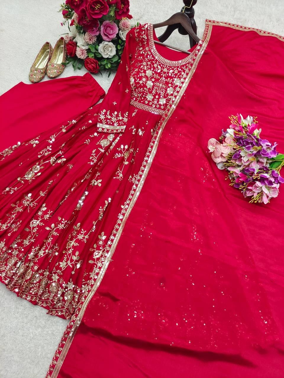 Party Wear Red Faux Georgette Anarkali Suit With Dupatta For Women & Girls