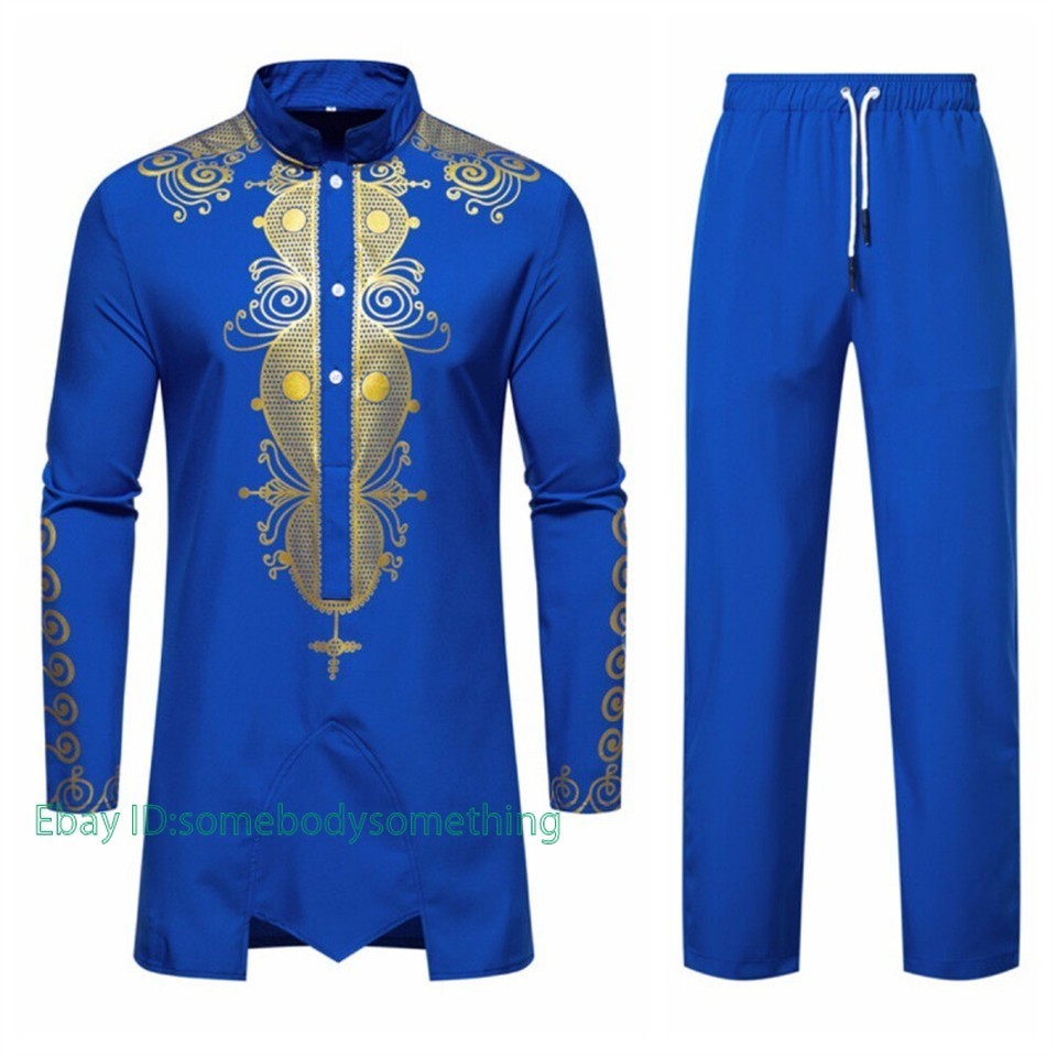 Men’s African 2 Piece Set Traditional Shirt and Pants Set Suit Middle East Suit