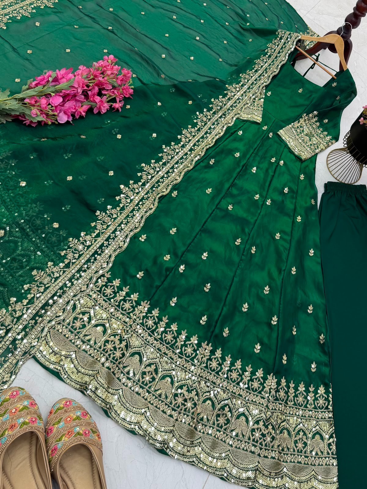 Green Fendy Silk Ready Made Heavy Embroidery Anarkali Suit Party Wear Dress XL