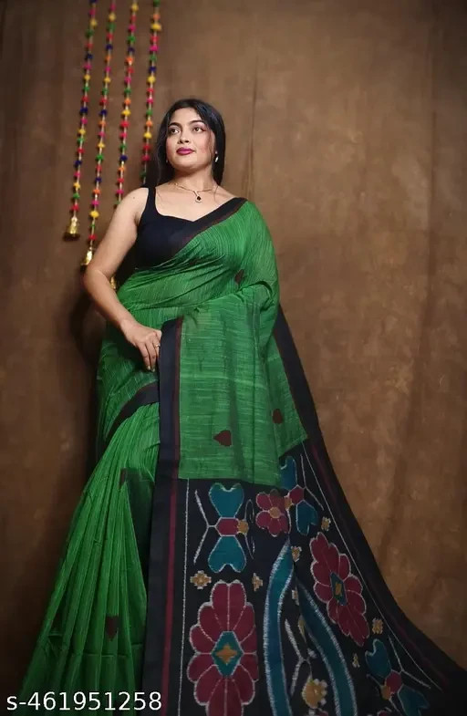 Women’s Handloom Khadi Cotton Printed Saree With Blouse Piece