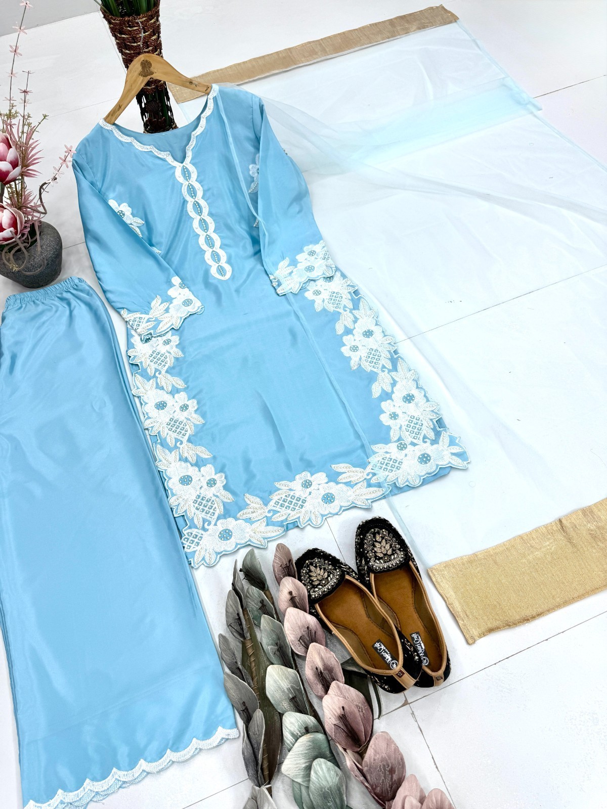 Latest Heavy Natural Silk Skyblue Top Lehenga With Dupatta For Functional Wear