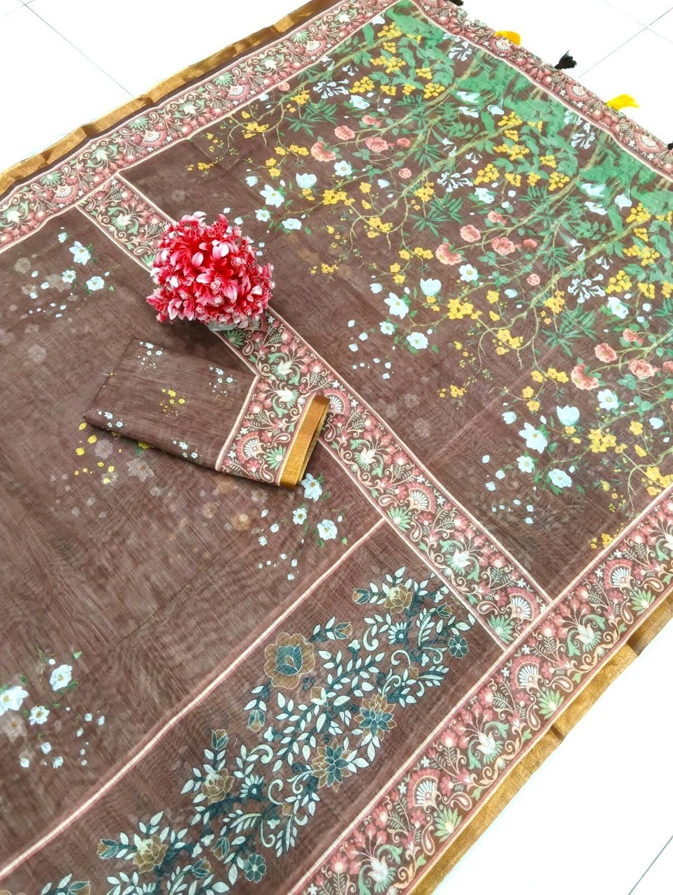 Printed Kanjivaram Pure Cotton, Cotton Linen Saree (Multicolor)