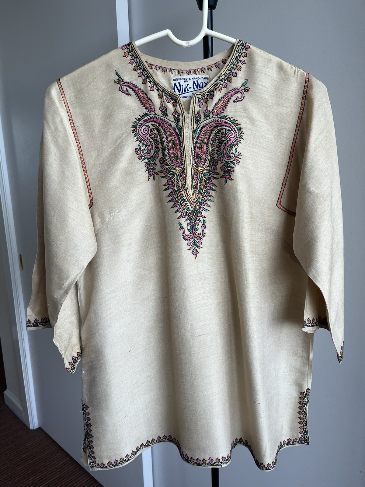 Designer Blouse Kurta Top 100% Natural Beige 100% Silk w Kashmir Hand Embroidery