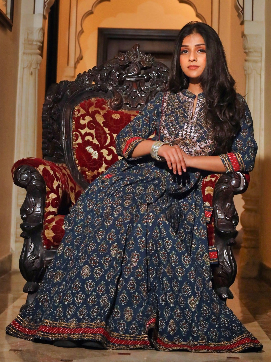 Blue Cotton Anarkali Kurta for Women Ethnic Flared Traditional Gown Plus size