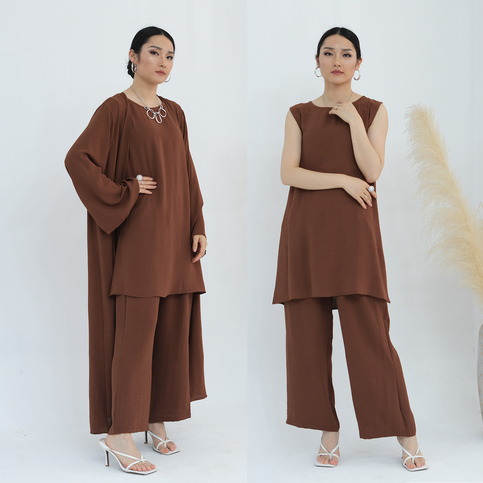 Muslim Women 3pcs Set Open Kimono Vest Pants Kaftan Dress Dubai Abaya Outfits
