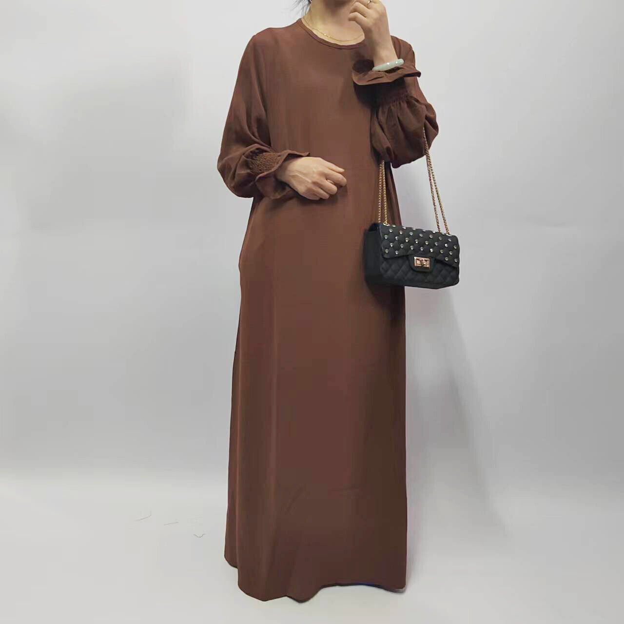 Muslim Women Solid Color Long Sleeve Abaya Loose Robe Simple Maxi Dress Kaftan