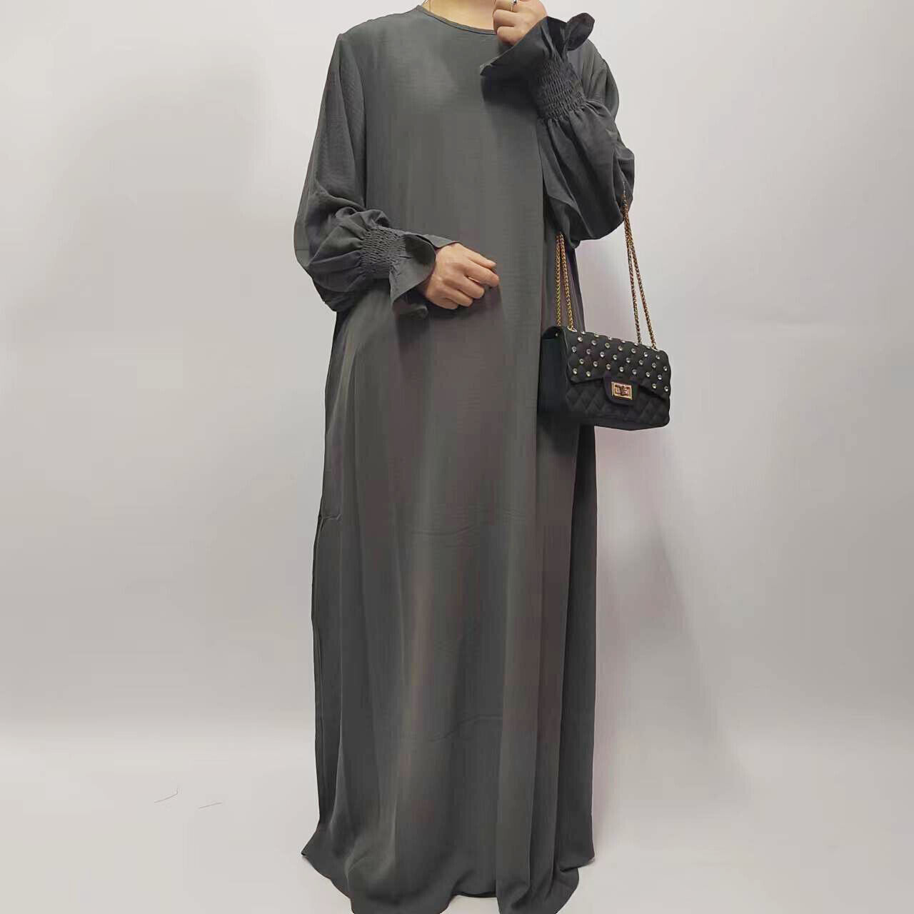 Muslim Women Solid Color Long Sleeve Abaya Loose Robe Simple Maxi Dress Kaftan