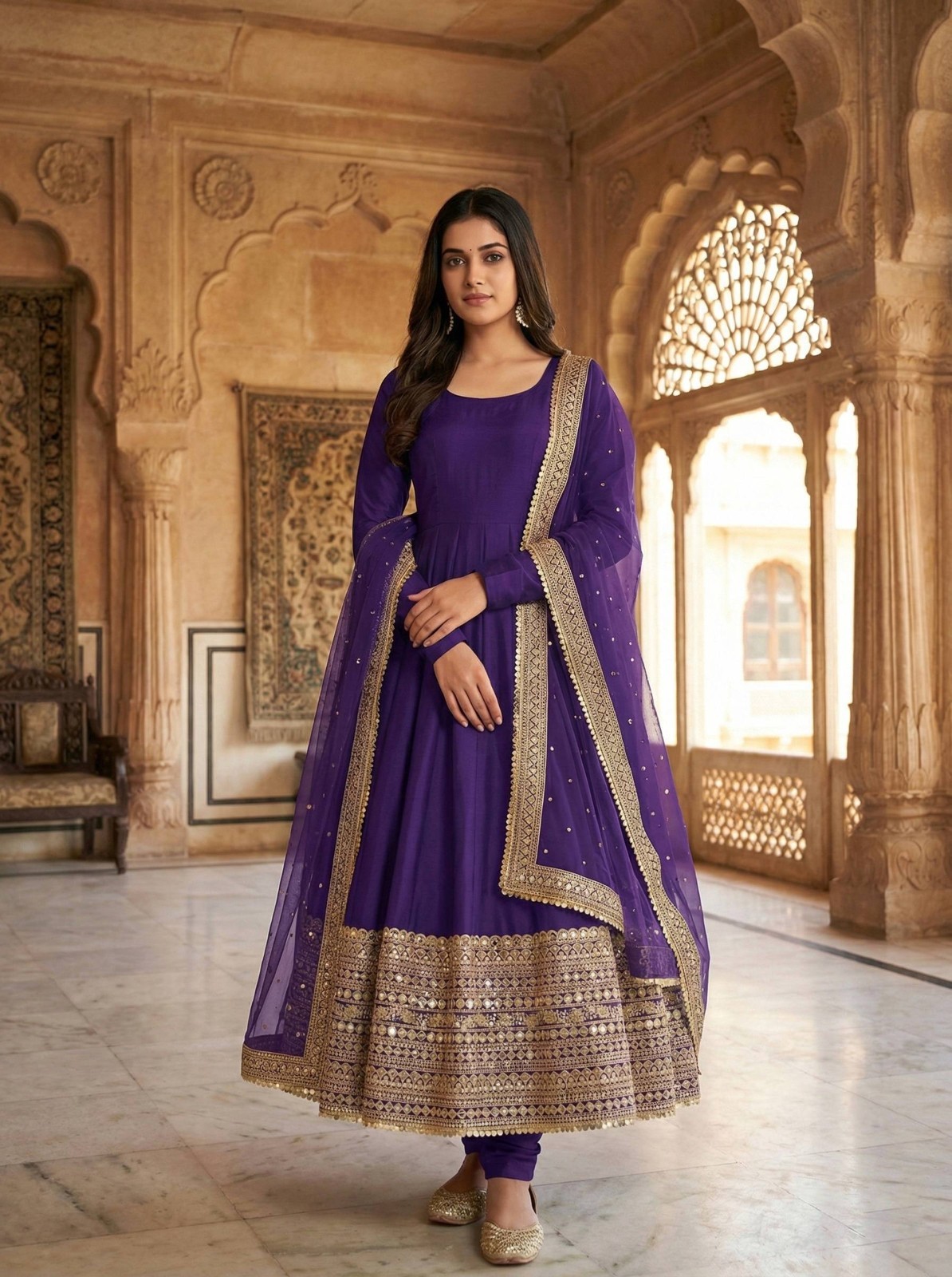 New Stunning Look Purple Roman Silk Anarkali Gown With Dupatta For Women