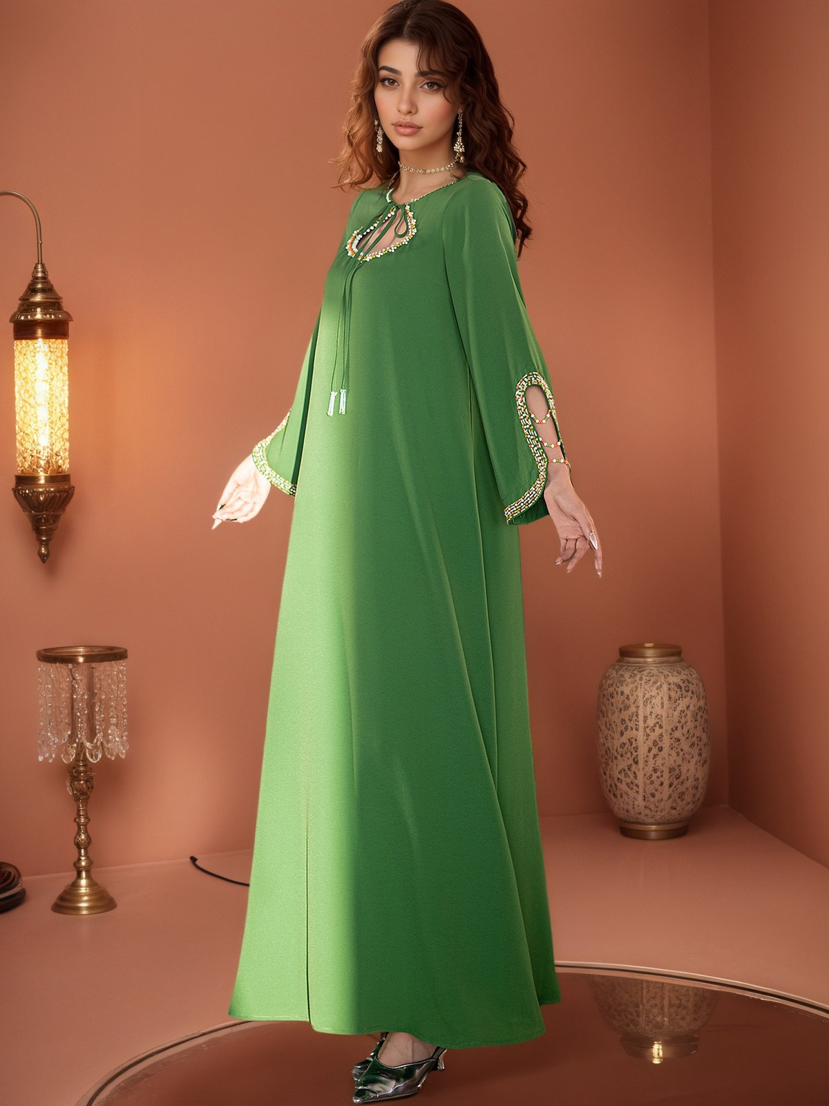 New Women Beaded Dress Elegant Arab Loose Abaya Muslim Kaftan Dubai Party Gown