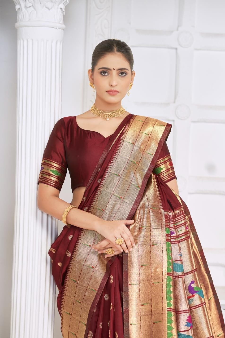 Women’s paithani silk saree with golden zari woven and blouse piece
