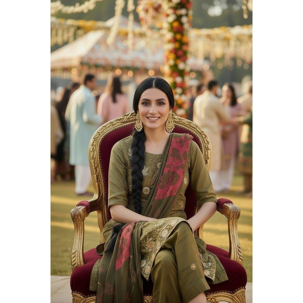 Olive Green Embroidered Shalwar Kameez 3 Piece Set Pink Leaf Print Floral Tunic