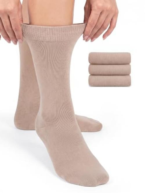 Women Rayon Dress Socks, Extremely Soft Thin Crew 6-9 06- Beige (3 Pairs)