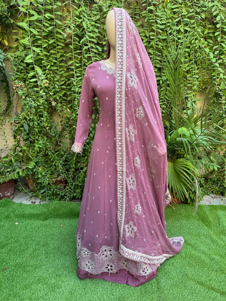 Pakistani Tea Pink Fancy Chiffon gown Dress with embroidery, Squins work,XL