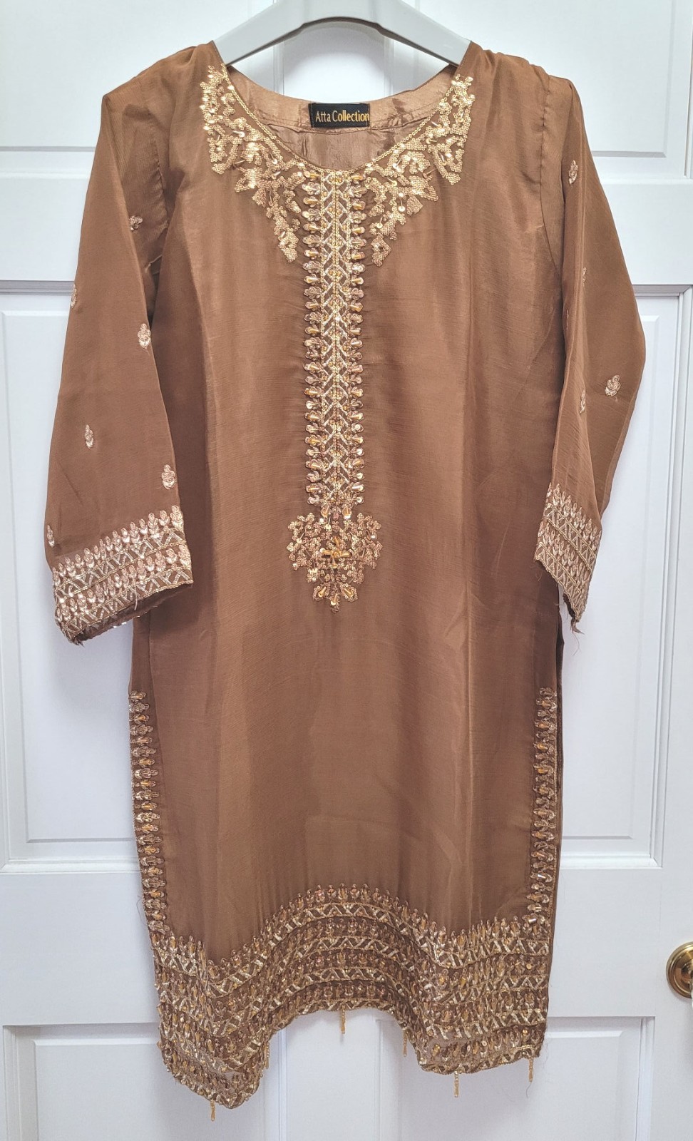 3pc Beaded & Sequin Silk Chiffon Salwar Kameez w/ Dupatta – Brown/Gold – Medium
