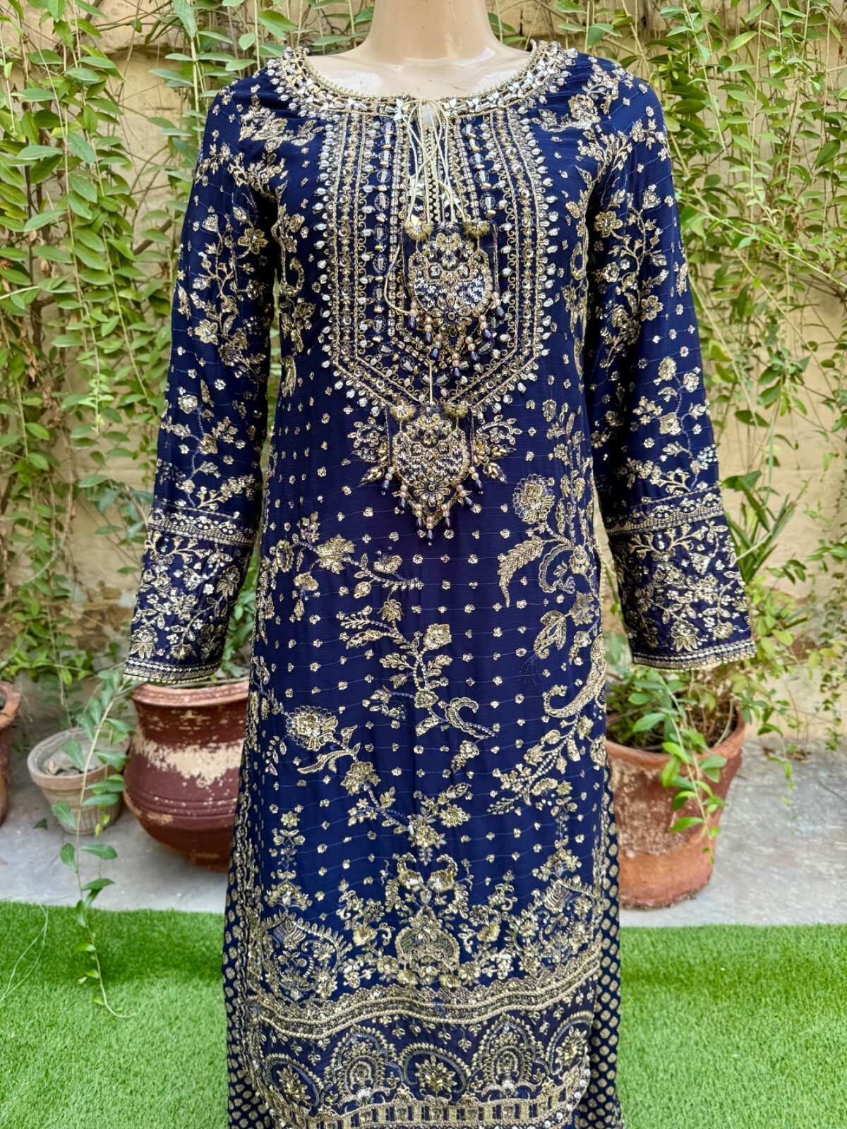 Pakistani Navy Blue Straight Style Embroidered Sequins Chiffon Sharara Dress,S
