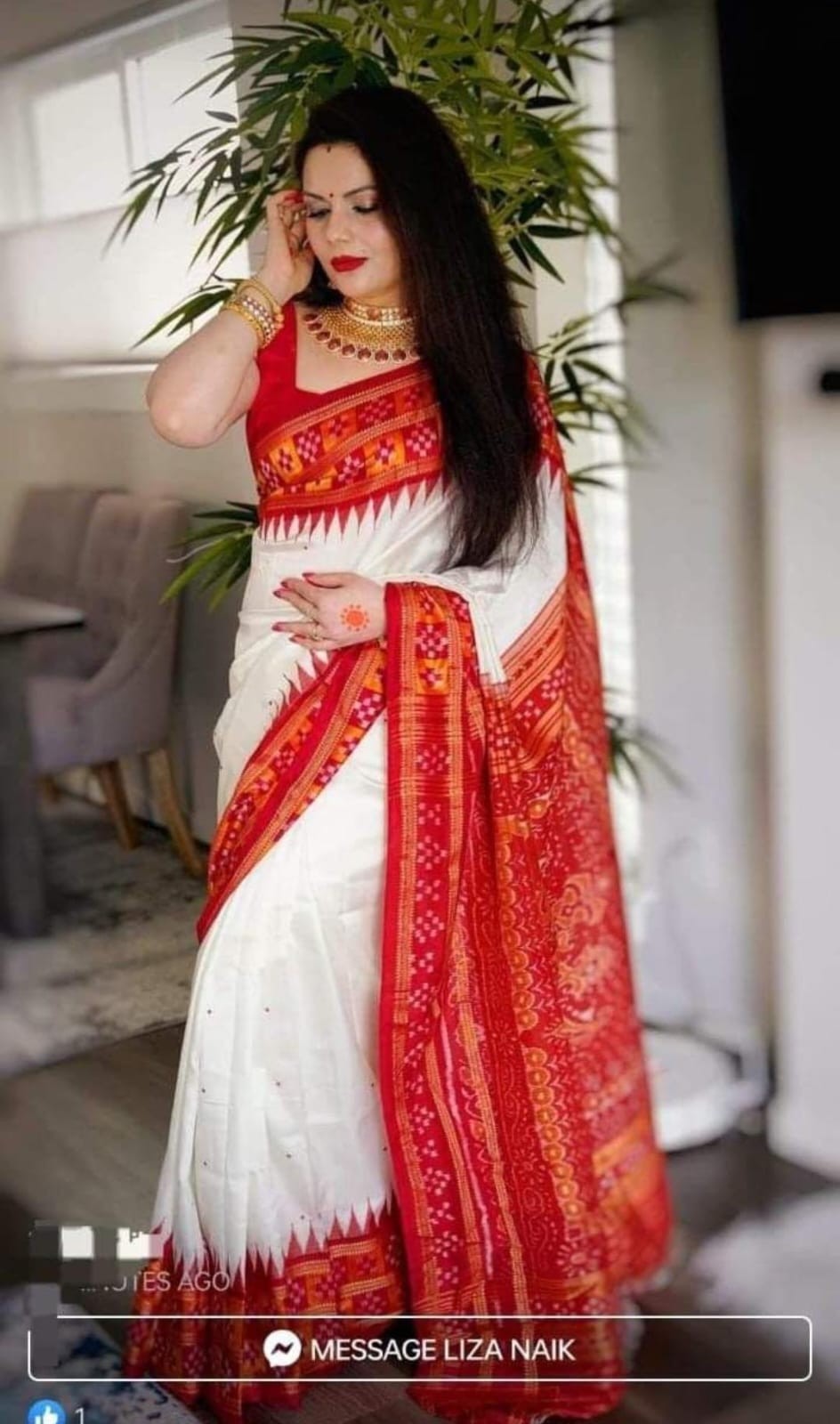 white and red Odisha Sambalpuri Ikat Pure Silk Saree