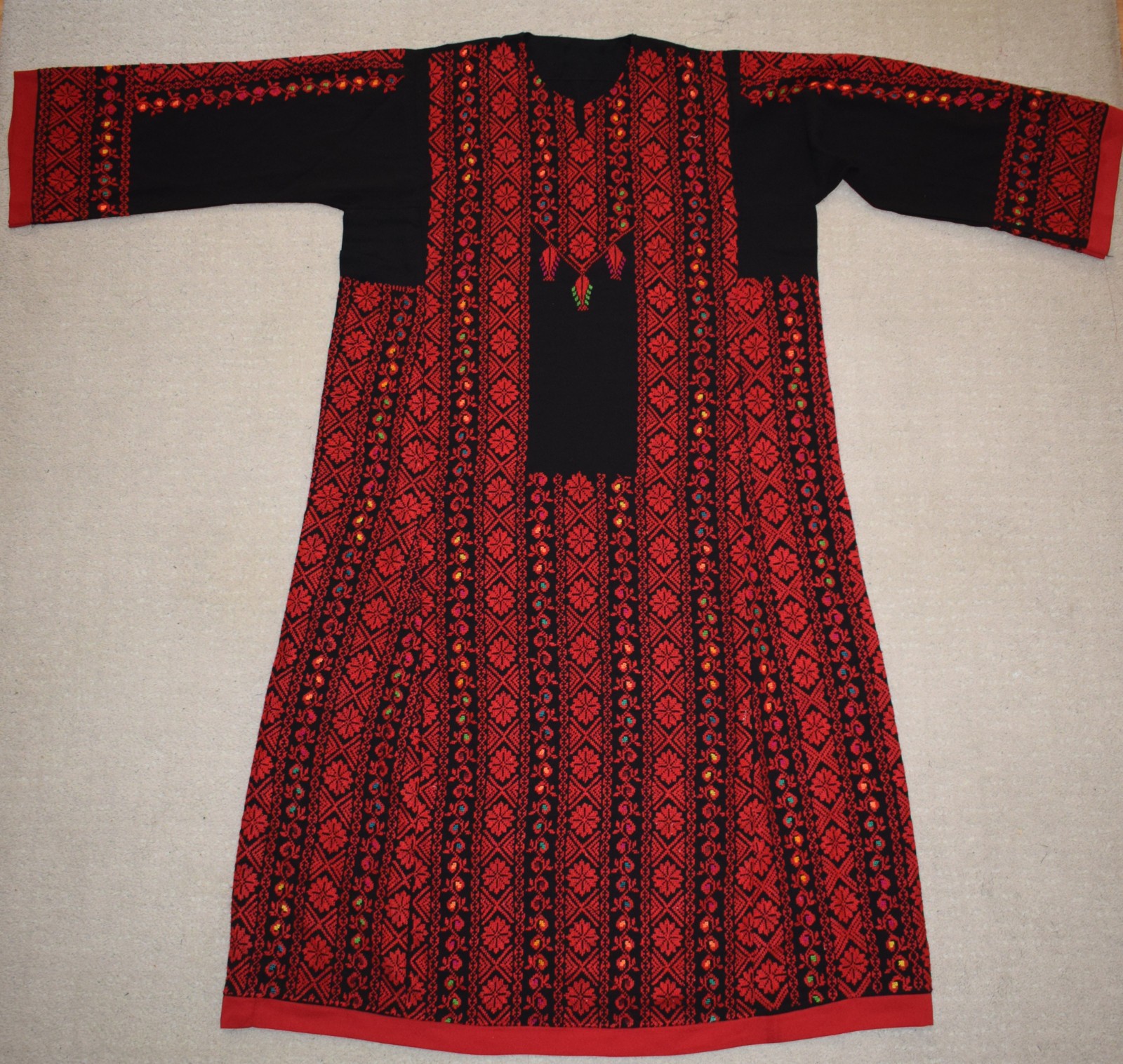 Hand Embroidered Bedouin Palestinian Thobe Kaftan Red Tatreez Boho Maxi Dress