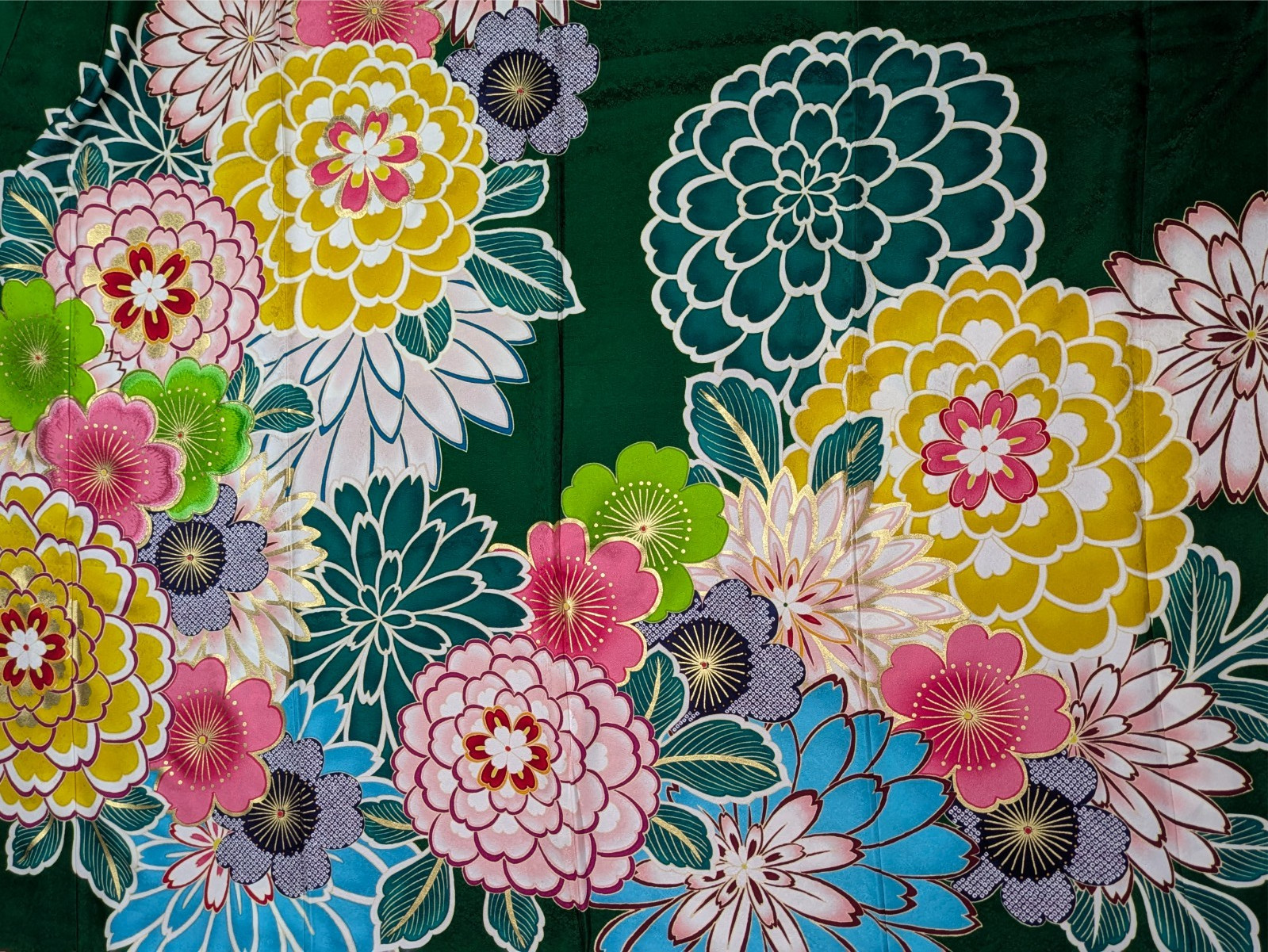 Japanese Kimono Silk Furisode Green Gorgeous Colored Floral Big SIze Textile Art