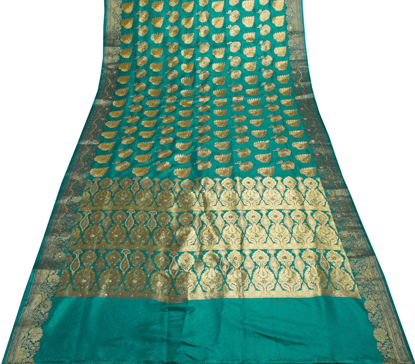 Sushila Vintage HEAVY Green Sari ArtSilk Embroidered Banarasi Brocade 6 YD Sari