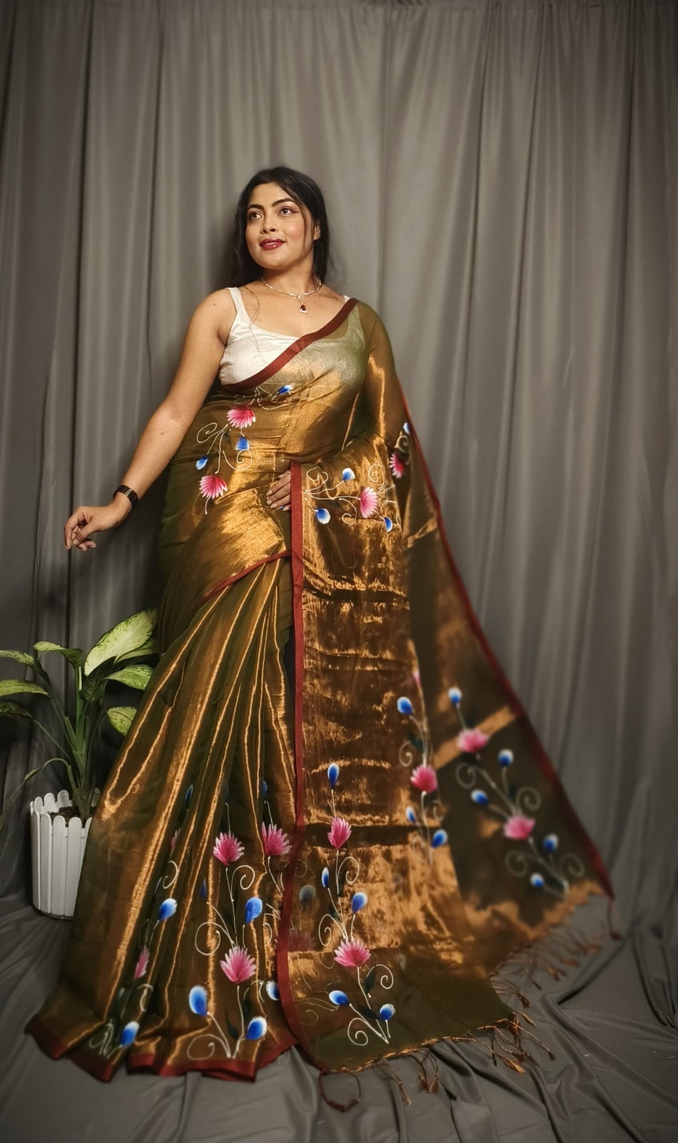 flower handpint tissue indian wedding saree sari