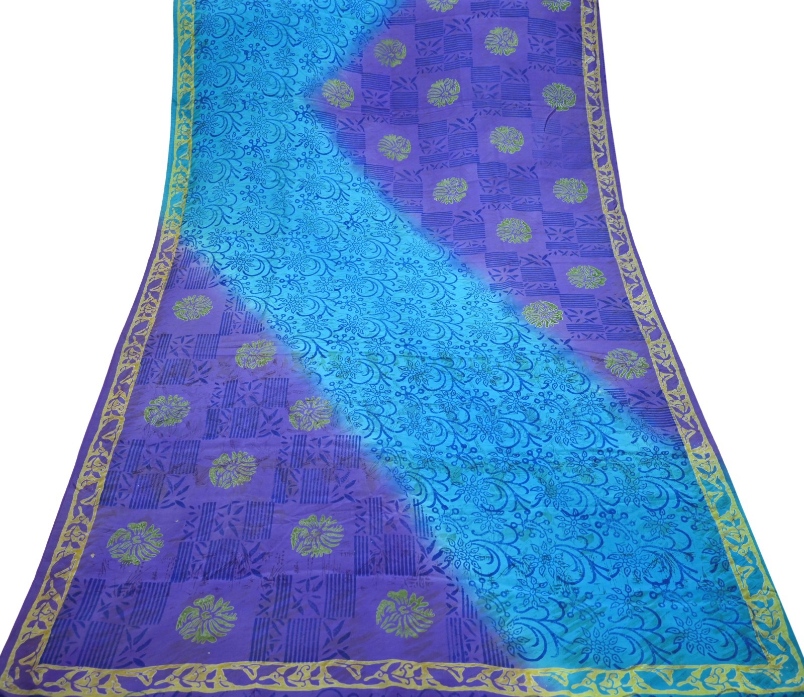 Vintage Sari Purple & Blue Pure Silk Printed Saree 6yd Sewing Craft Fabric Soft