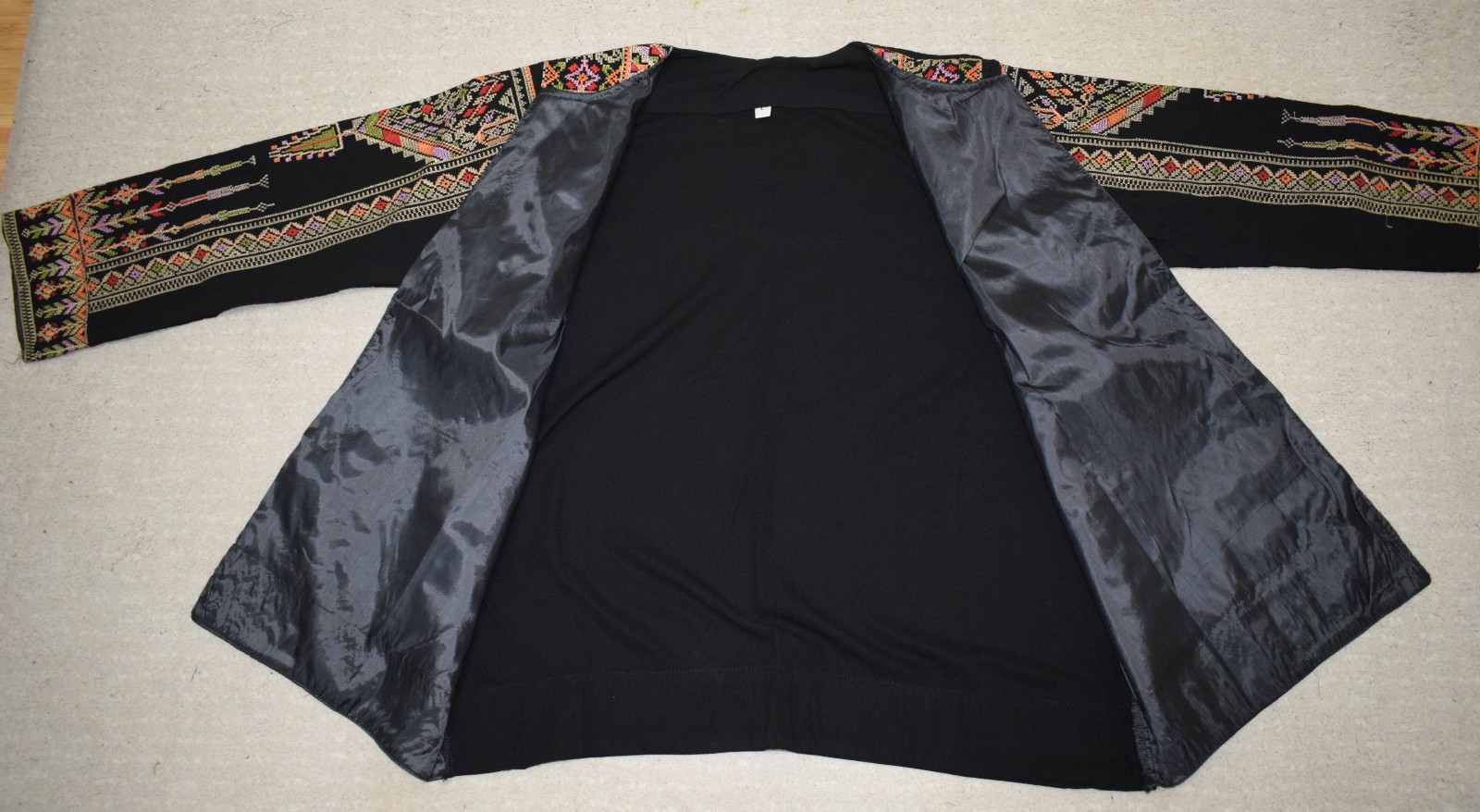 Palestinian Tatreez Jacket – Multicolored Embroidered Open-Front Cardigan–Blazer