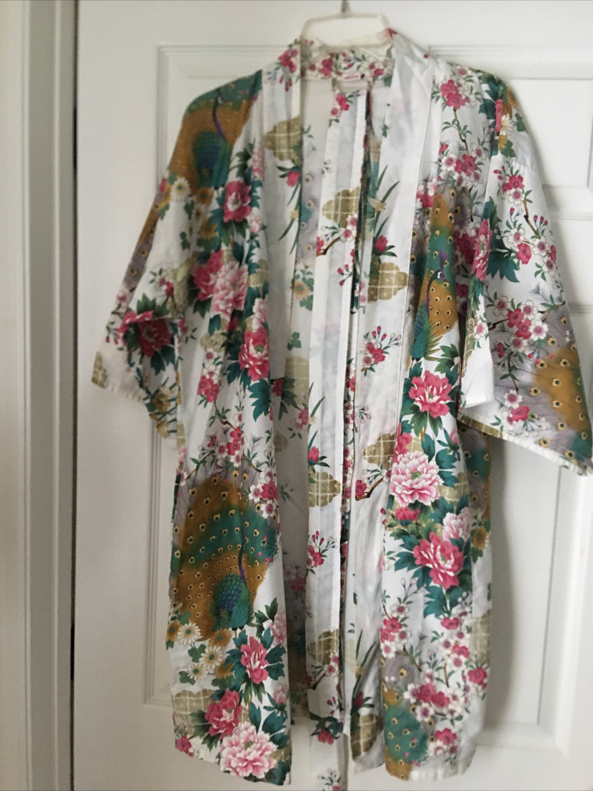 Vintage Printed Cotton Short Peacock & Peonies Kimono Robe Made in Japan Sz M