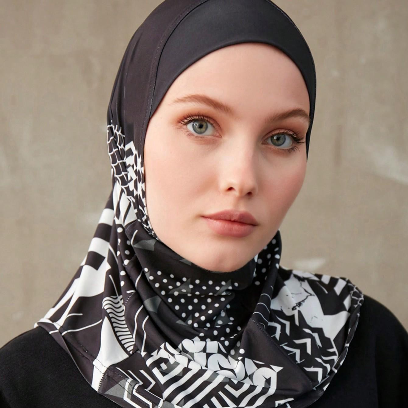 Women Sporty Muslim Inner Hijab Geometric Pattern Instant Turban Head Wrap Headb
