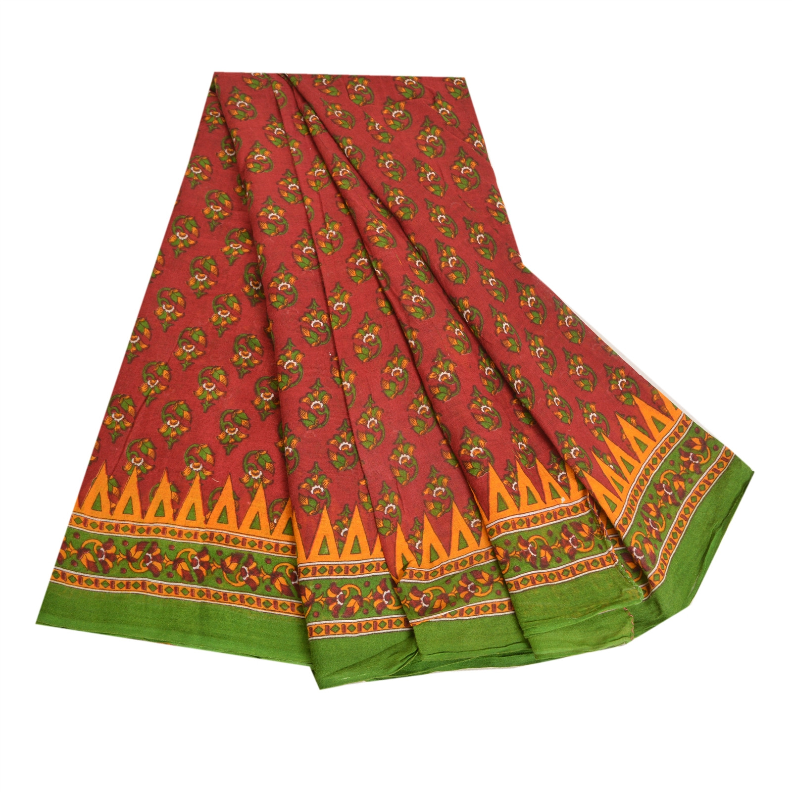 Sanskriti Vintage Sarees Dark Red 100% Pure Cotton Printed Sari 5Yd Craft Fabric