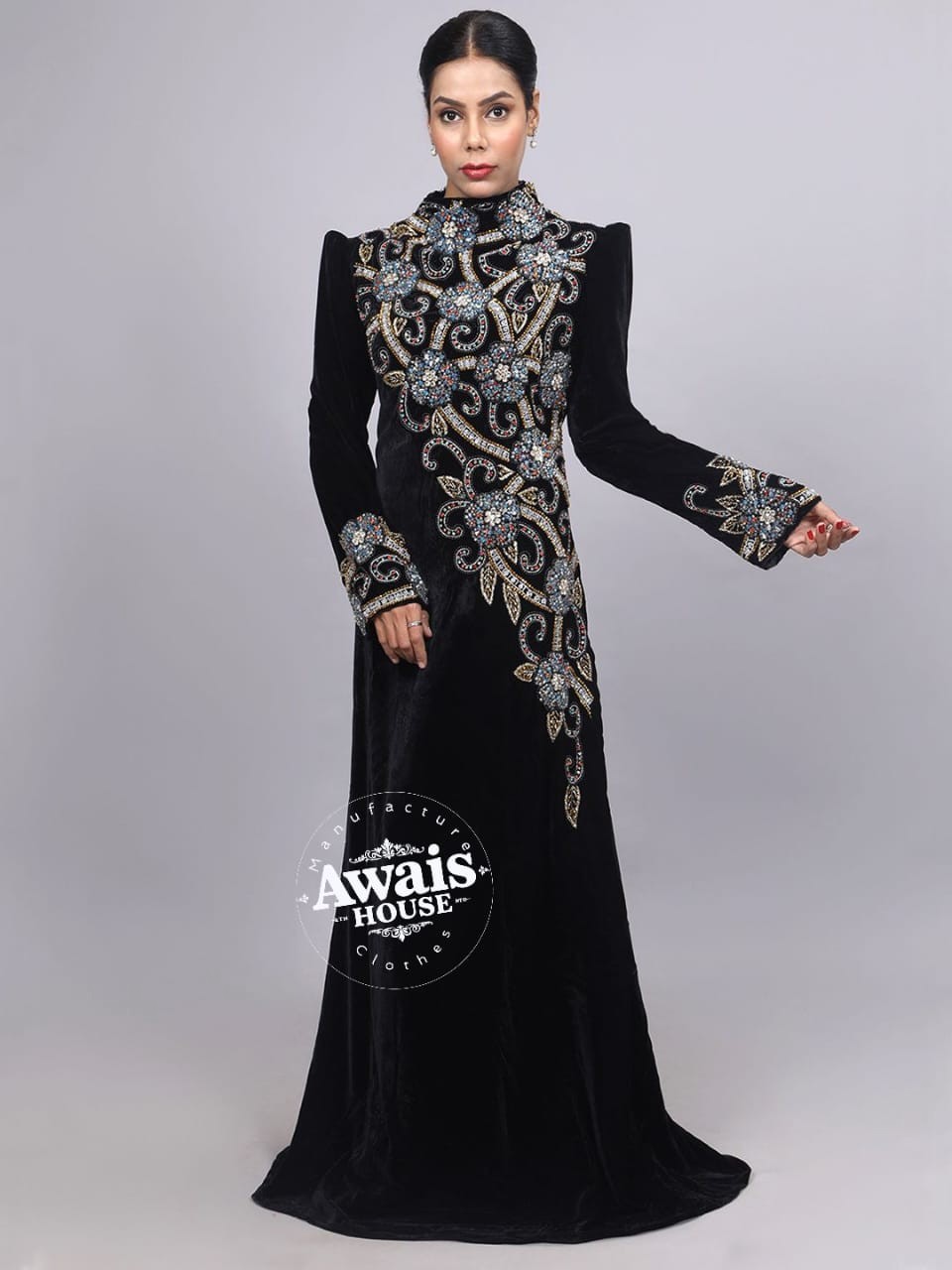 Luxury Black Velvet women stone work Abaya Jalabiya Arab Long Dress Caftan