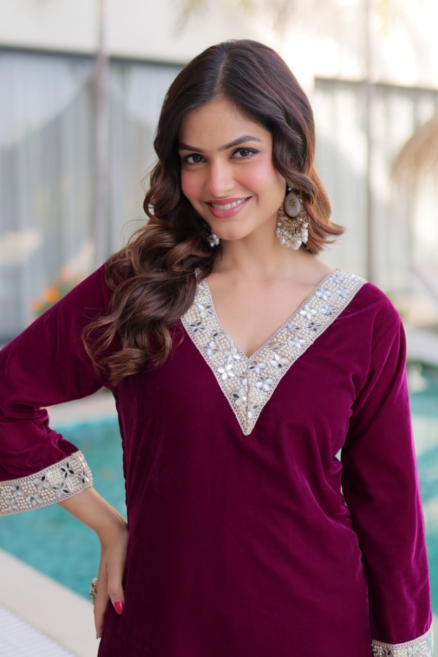 ReadytoWear Velvet Kurti Pant Set | Eid Party Outfit Zari Mirror | S M L XL XXL