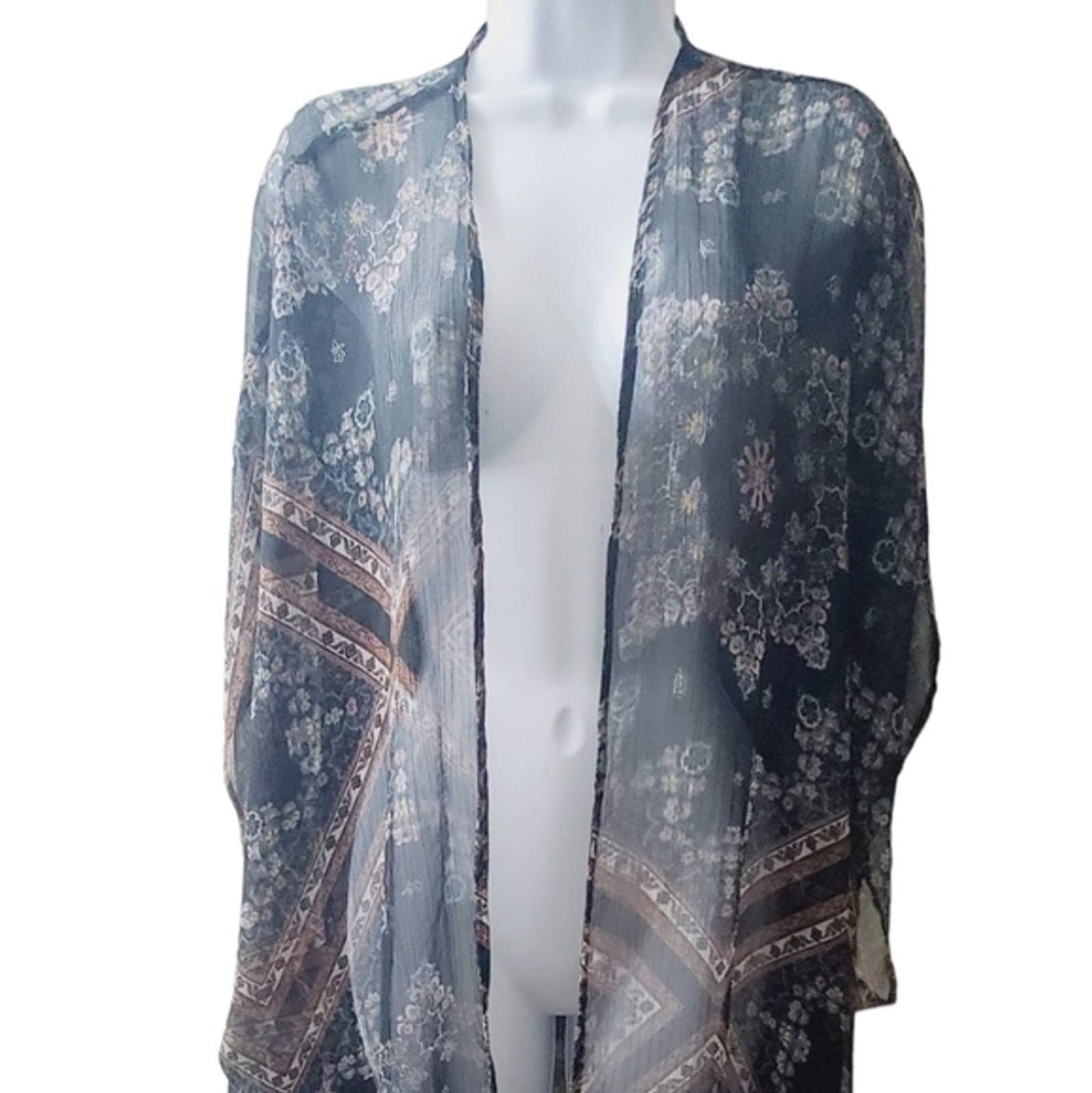 Womens American Eagle Black Sheer Boho Floral Kimono Open Front Cardigan sz Sm