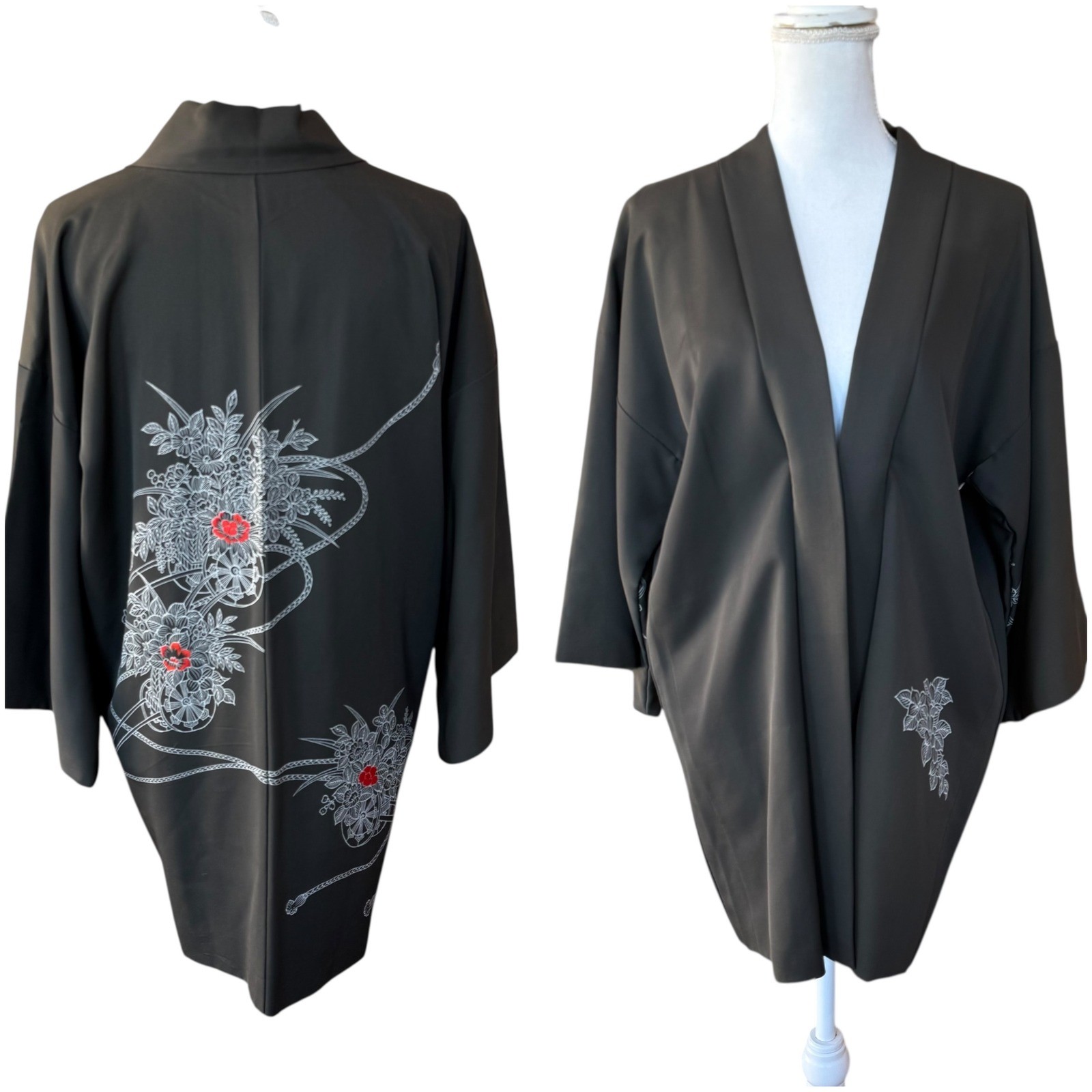 Vintage Haori Kimono Jacket Charcoal Floral Embroidery One of a Kind Hand Sewn