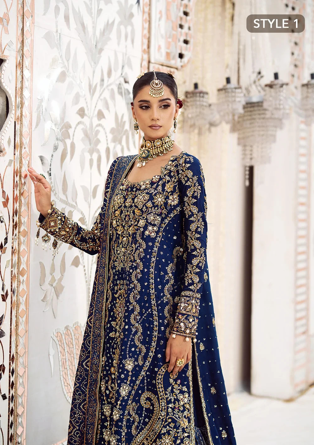 dark blue color hand embroidered wedding bridal long dress