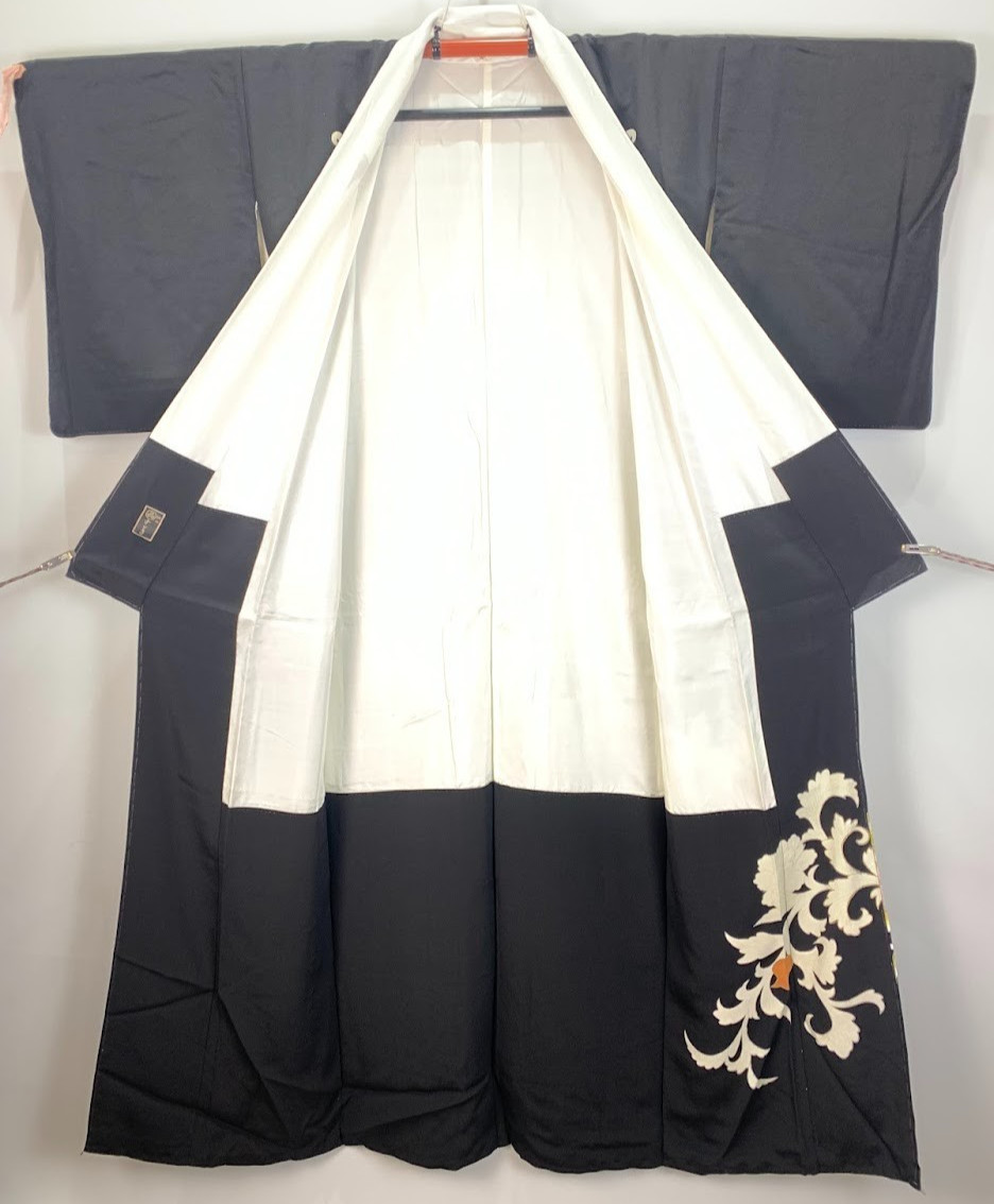 Vintage Japan Silk Kurotomesode Kimono Dress M Black Peony Yuzen Kinsai Gift Fed