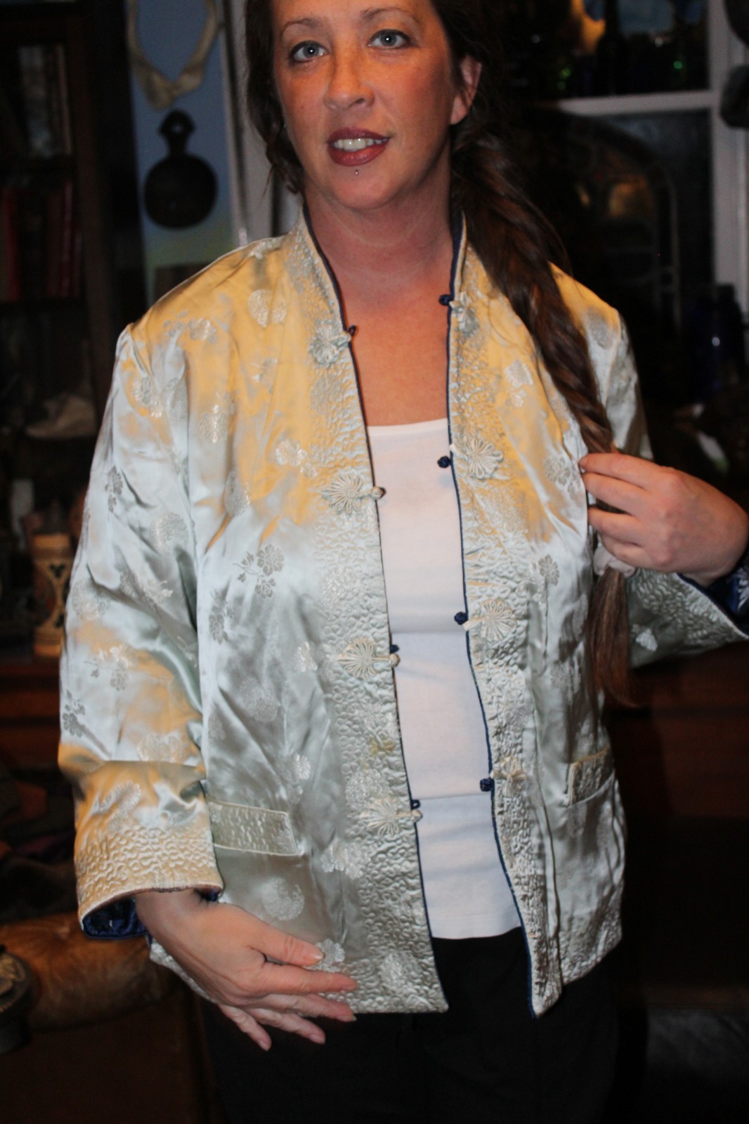 Vintage Chinese Jacket Blue Peonies Satin Floral Jacquard Reversible Med
