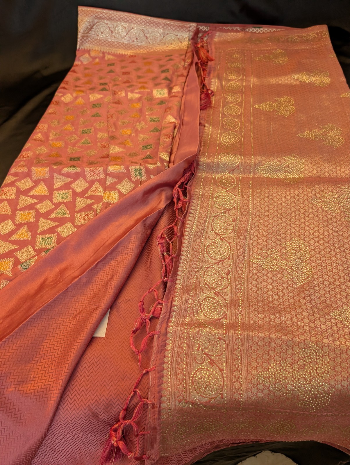 Pink Designer Saree with Multicolor Shapes & Gold Ari Work