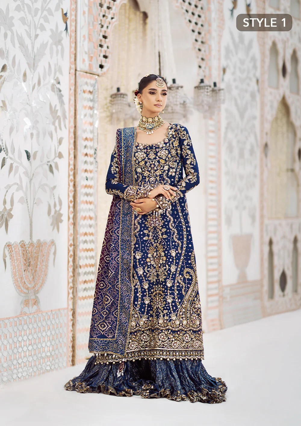 dark blue color hand embroidered wedding bridal long dress