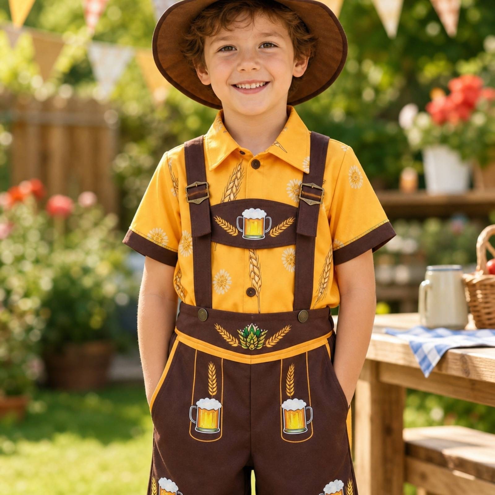 German Costume with Hat Kids Lederhosen Attire Short-Sleeve for Halloween
