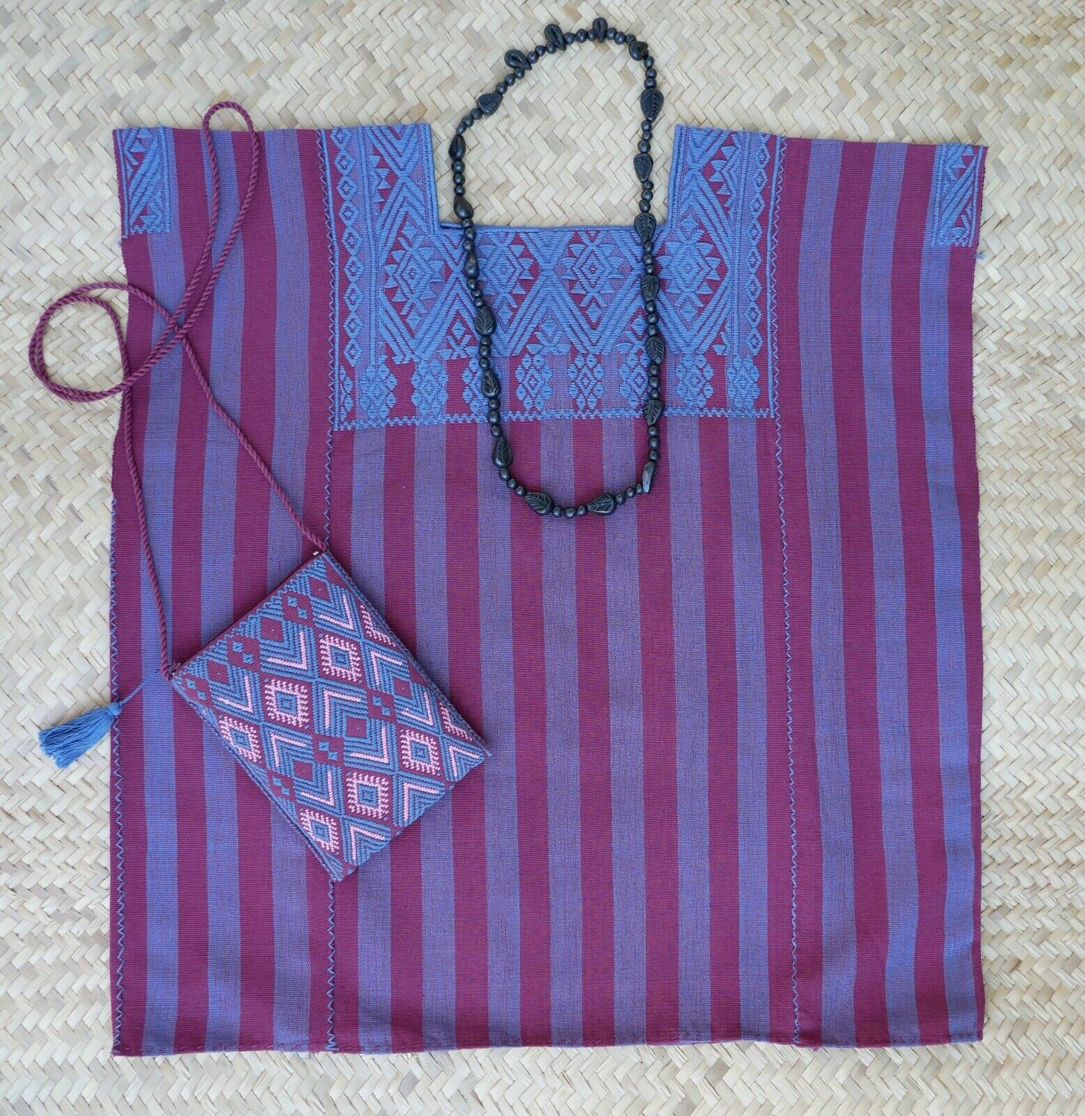 Huipil Top Mayan Blue & Plum Stripe Handwoven Backstrap Loom Chiapas Mexico