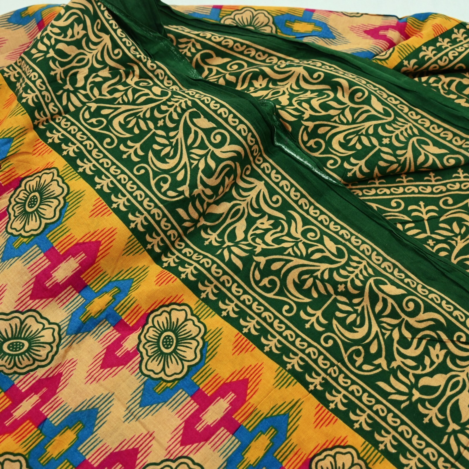 Vintage Sari Green & Beige Printed Pure Cotton Sarees Craft Fabric 5Yd Sarong