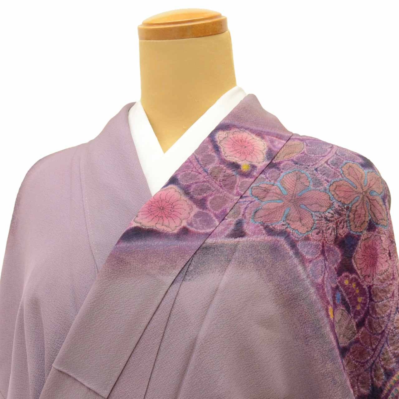 Vintage Japanese Kimono | Houmongi | Purple Silk Crepe | Tsujigahana | uu2038b