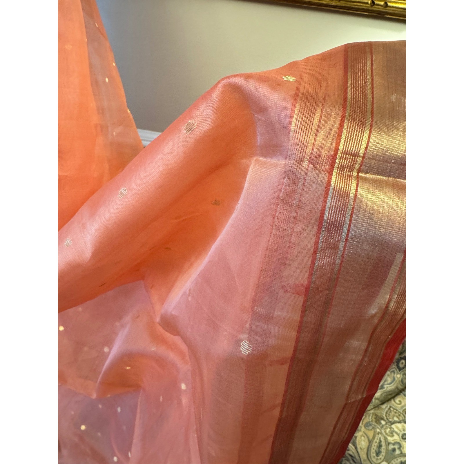 Peach Tissue Coral Gold Zari Embroidered Saree Set w Cotton Petticoat Indian