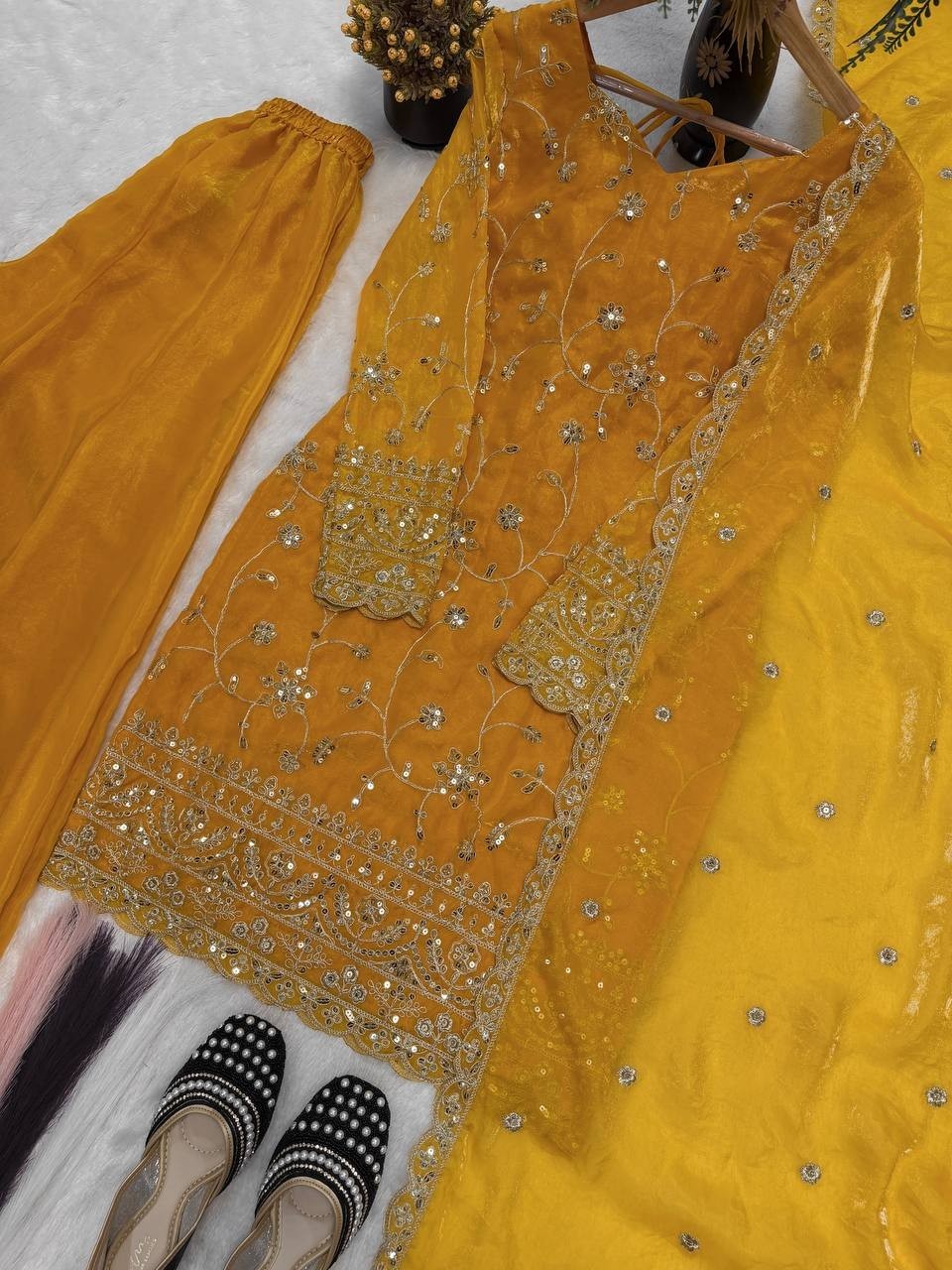Presenting New Pure Silk Yellow Top Palazzo With Dupatta For Reception Wear